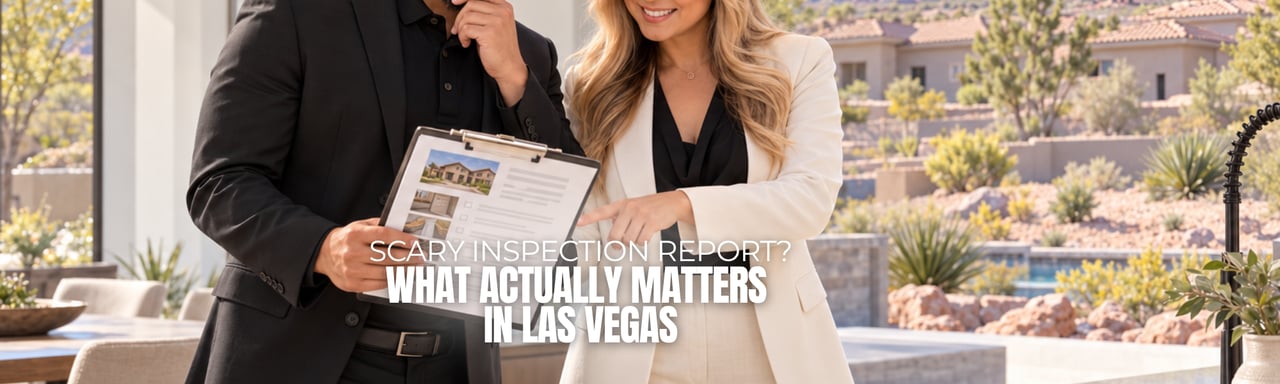 Two agents hold an inspection report; headline: “Scary inspection report? What actually matters in Las Vegas.”