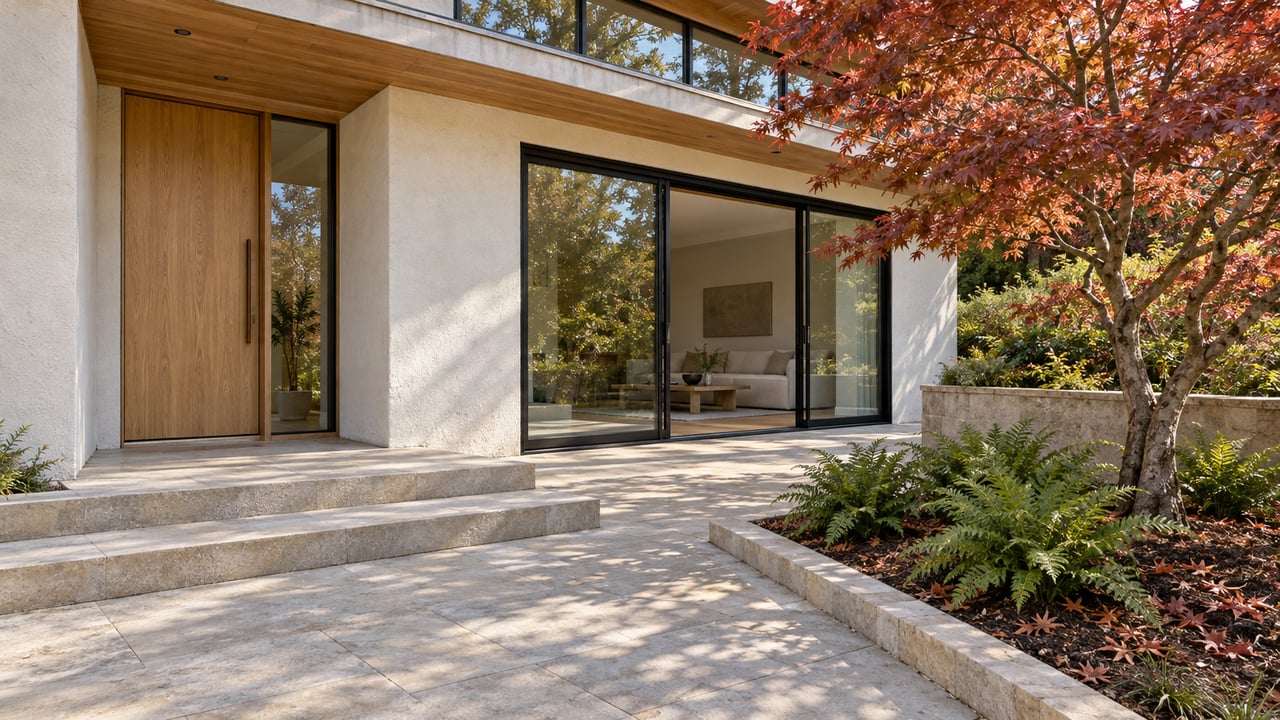 Autumn maple beside a limestone entry terrace, warm cedar overhang and large black-framed windows of a contemporary home.