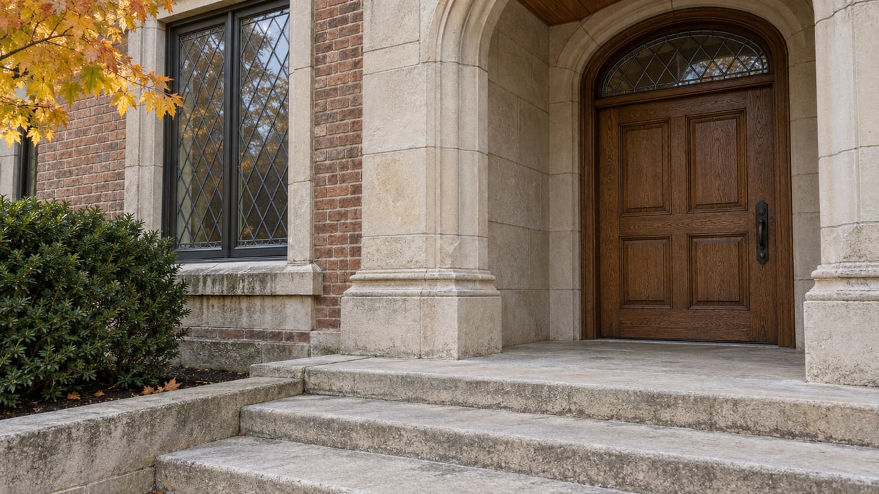An oak front door beneath a limestone arch beside a leaded-glass window, with broad stone steps and autumn maple leaves.