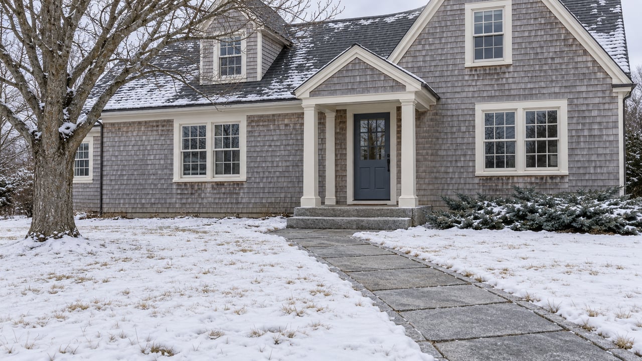 Weathered cedar-shingle home with a sheltered blue-gray entry, granite walkway, and lightly snow-covered front lawn.