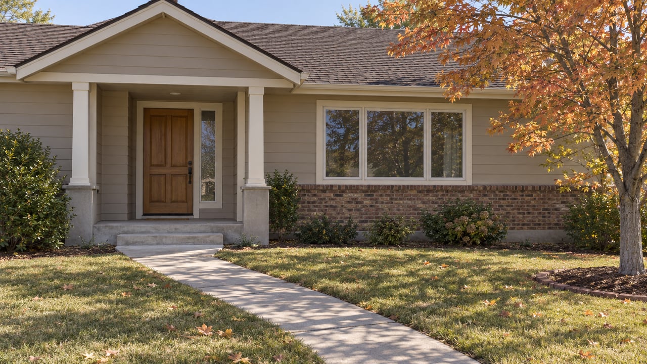 An established single-story home with putty lap siding, brick accents, a recessed wood entry, and a copper-leaved maple beside its front lawn.