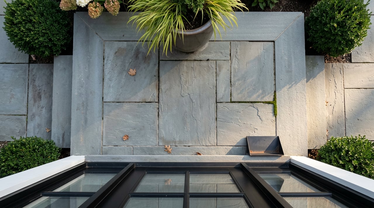 Bluestone entry landing beside a black steel-and-glass door, with a boot scraper, stone urn, and clipped boxwoods.
