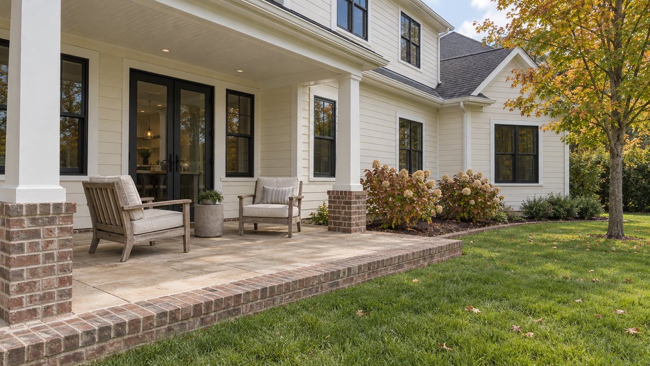 Covered rear terrace with teak chairs, ivory siding, black-framed windows, brick-edged paving and an autumn garden beside a broad lawn.
