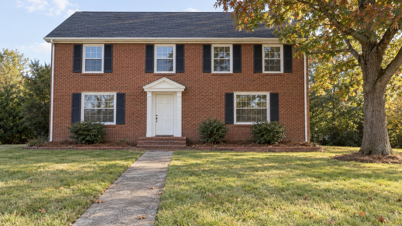 Two-story red brick home with black shutters, a broad autumn lawn, and a mature white oak beside the concrete approach.