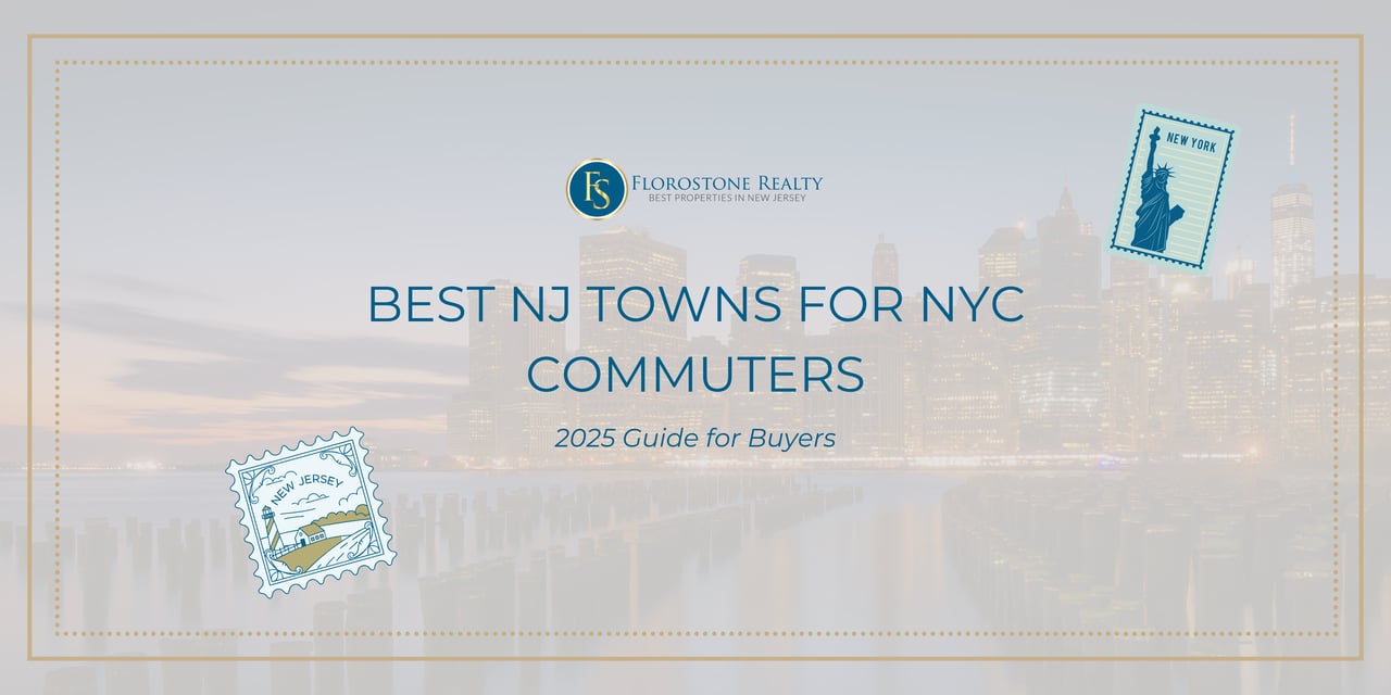 Cover graphic for Florostone Realty’s article titled “Best NJ Towns for NYC Commuters – 2025 Guide for Buyers,” featuring a city skyline with New Jersey and New York postage stamp illustrations.