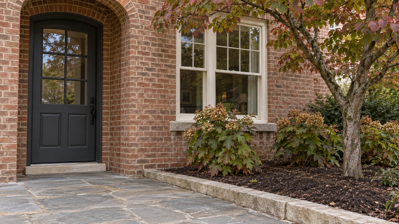 Brick home entry with a charcoal door, flagstone landing, flowering dogwood and oakleaf hydrangeas beginning to show autumn color.