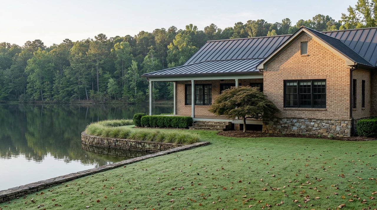 Brick-and-stone lakefront home with a covered porch, Japanese maple, broad lawn, and tree-covered ridge beyond.