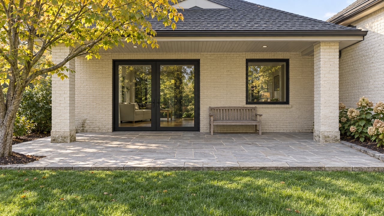 Covered terrace with ivory painted brick, black glazed doors, sandstone paving and a spreading deciduous tree beside the lawn.