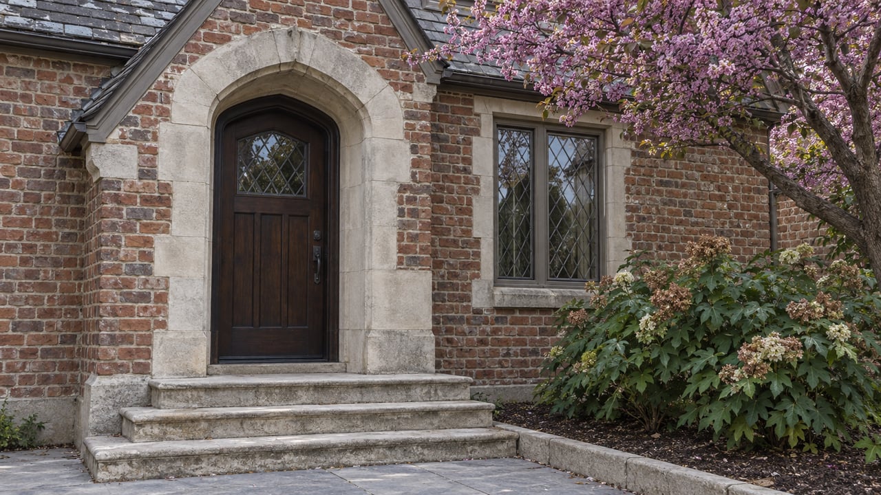 Brick home entry with a pale limestone arch, dark oak door, leaded-glass window, and tree branches overhead.