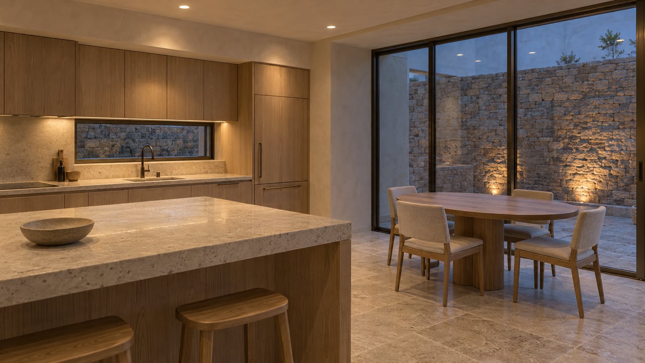 A limestone kitchen island and pale oak cabinetry beside an enclosed dining alcove with bronze-framed glass and a warm stone courtyard wall.