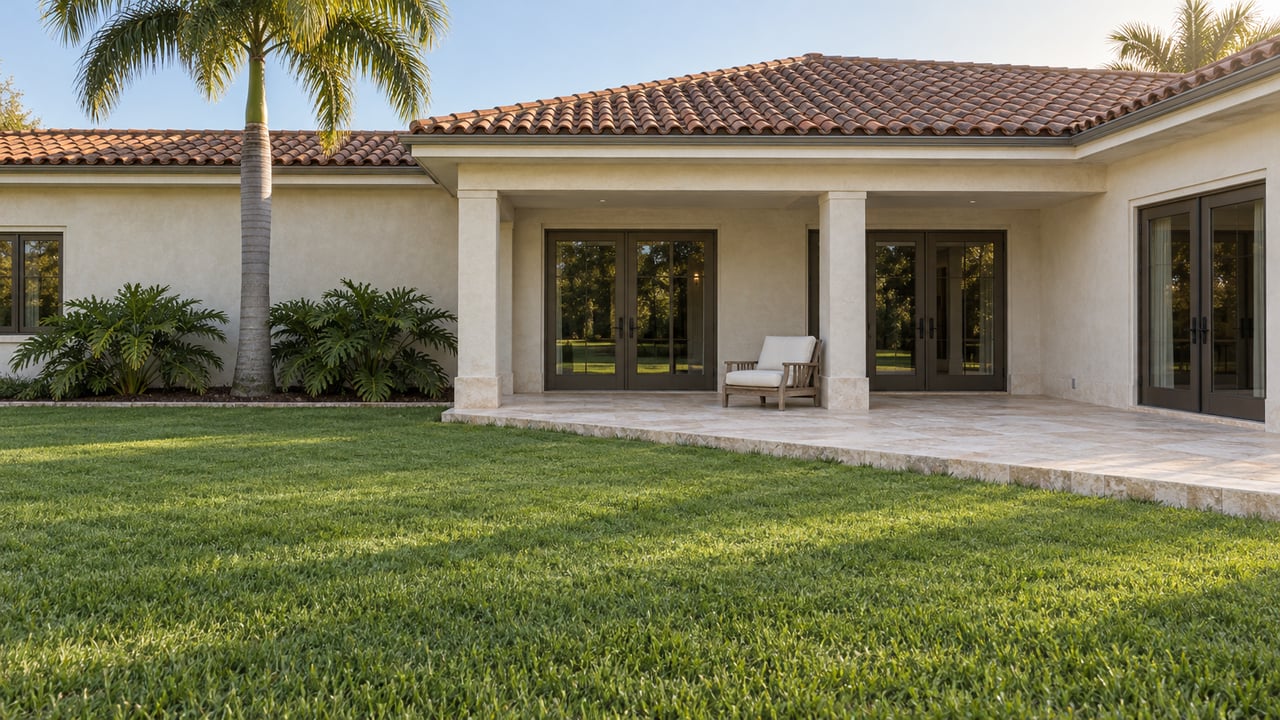 A low white stucco residence with a clay tile roof and shaded limestone terrace overlooks a broad lawn beside a single royal palm.