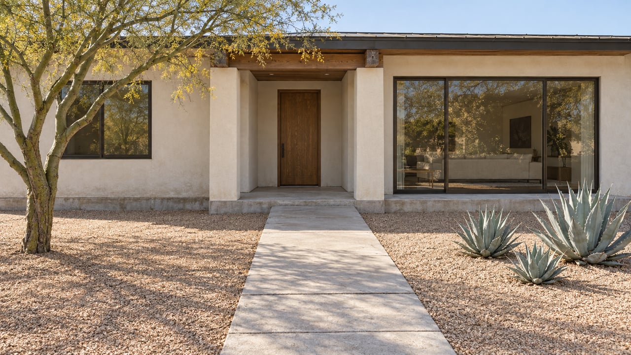 Light stucco home with a recessed timber entry, bronze-framed windows, and a spacious gravel forecourt planted with a blue palo verde and three agaves.