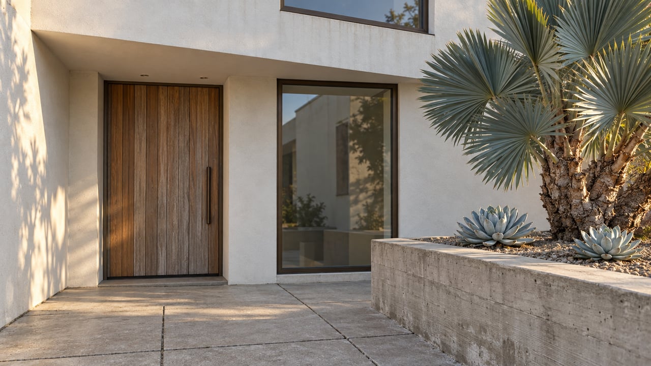 Close view of a white stucco home's teak entry door, bronze-framed glazing and raised concrete planter with sculptural succulents.