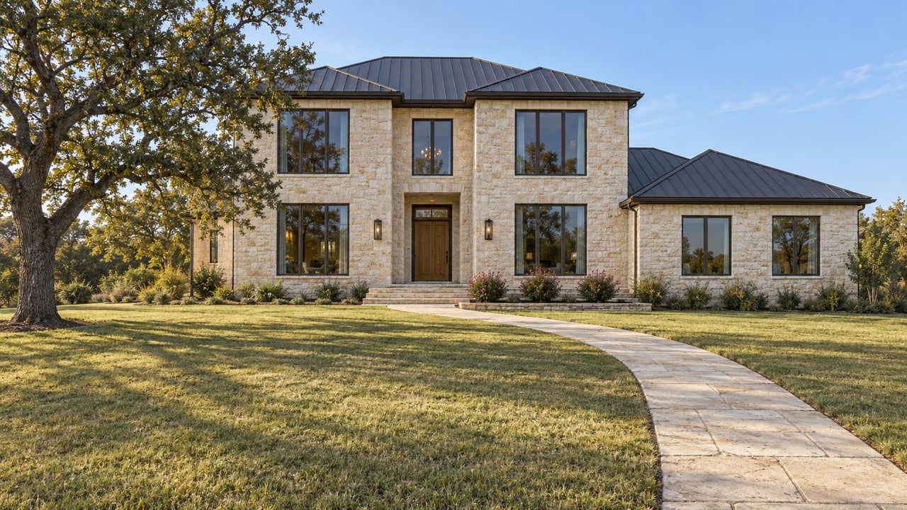 Limestone estate with bronze-framed windows and charcoal roofs beyond a broad autumn lawn, with a mature bur oak beside the house.