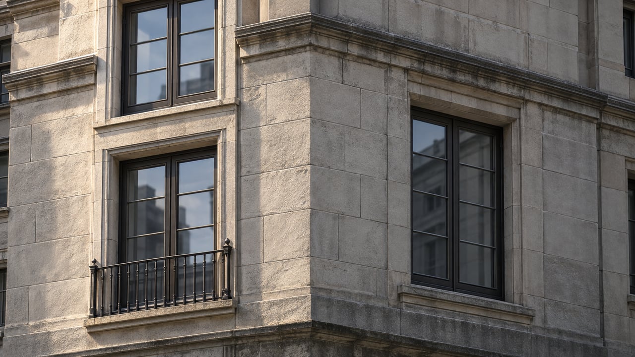 Limestone apartment facade with three dark-framed windows and a cast-iron Juliet rail.