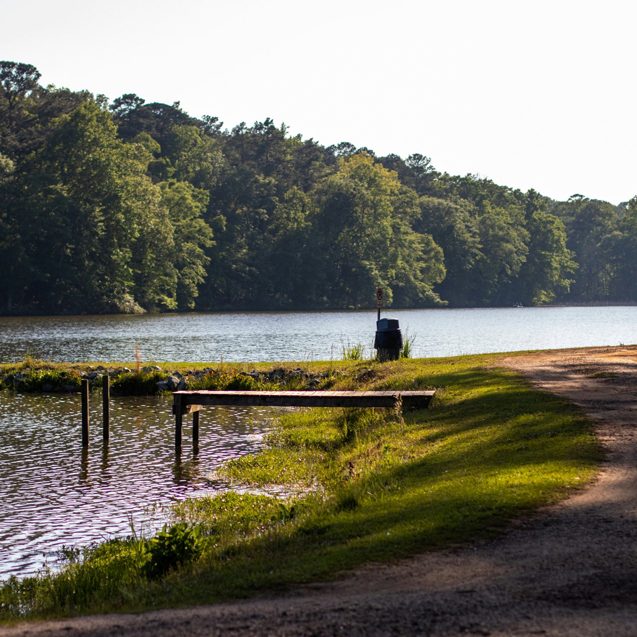 Wooden dock extending into a lake bordered by a wooded shoreline.