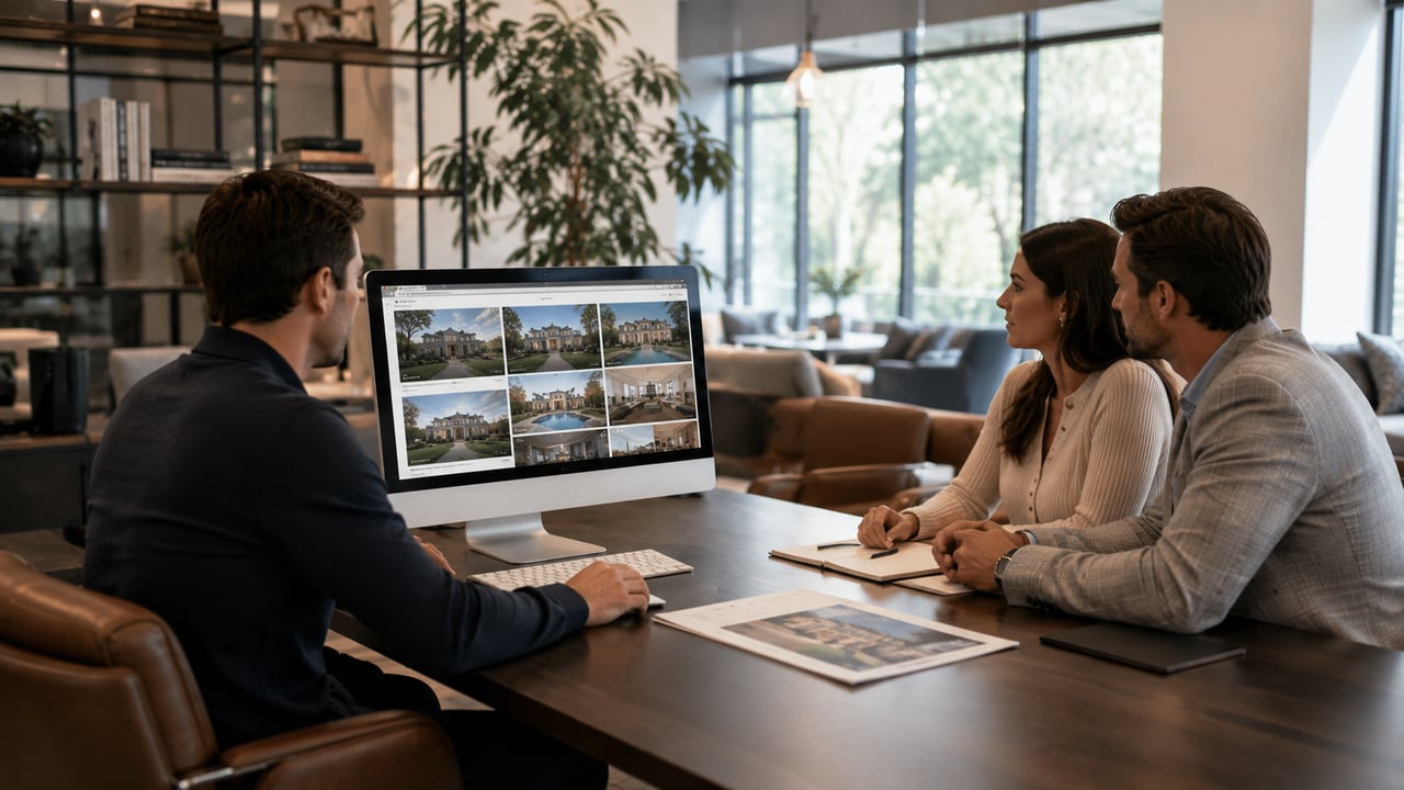 Real estate professional reviewing luxury home options with prospective buyers, illustrating how qualified buyers are matched to a property before it officially goes live on the market.