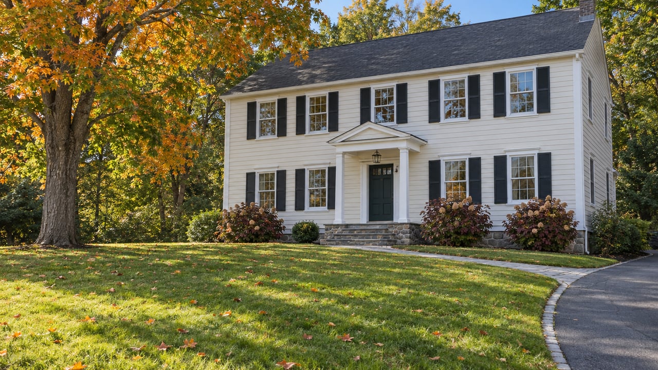Cream clapboard house with dark shutters and a stone entry behind a broad sloping lawn, beside a mature maple turning orange.