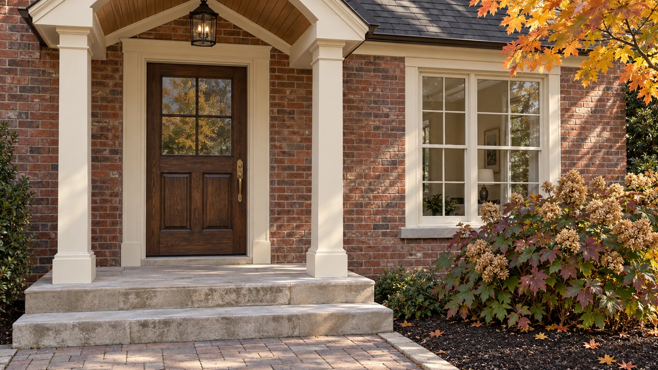 Brick home entry with an oak door, cream-painted porch posts, limestone steps, and autumn oakleaf hydrangea beside a divided-light window.