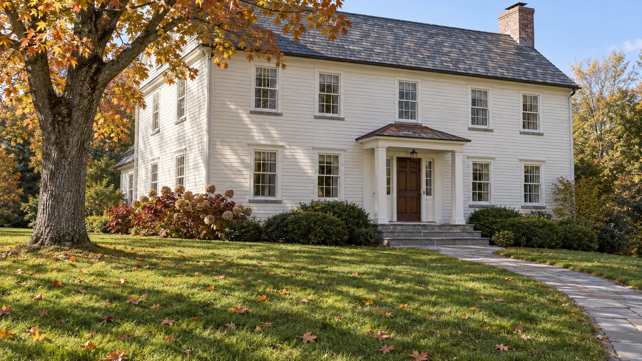 Autumn sunlight across a broad lawn leading to an ivory clapboard home with slate roofing, a copper entry canopy and a mature maple.