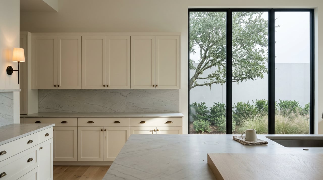 Off-white kitchen cabinets and quartzite counter beside a window framing a lichen-covered live oak.