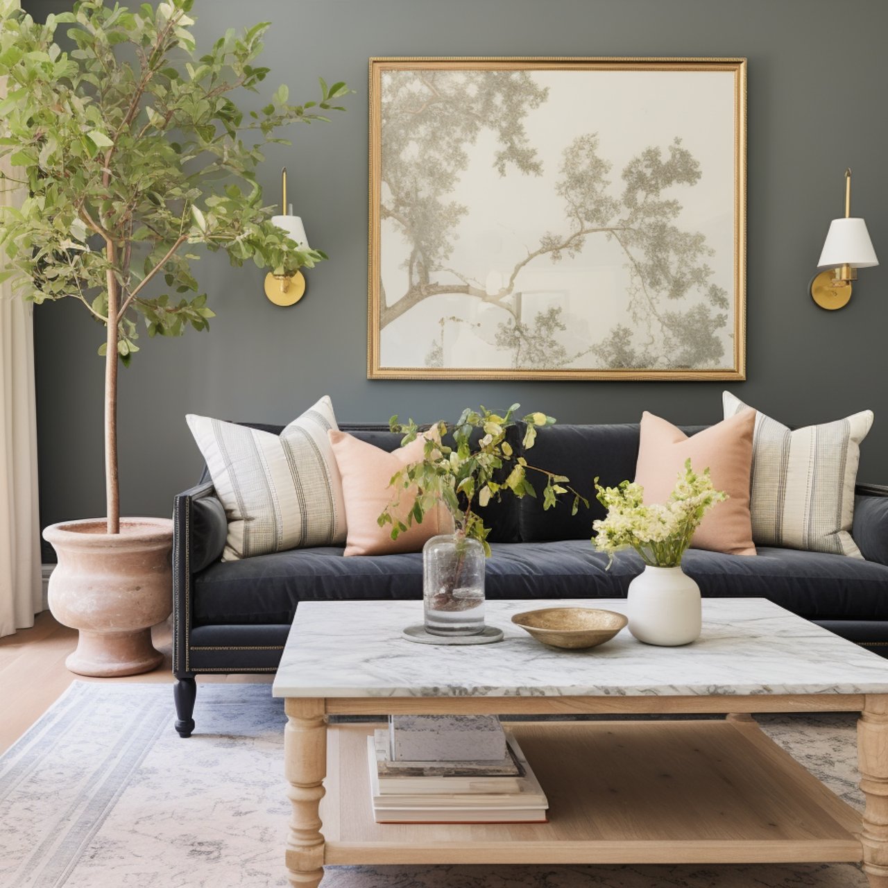 Staged living room with a dark sofa, marble coffee table, and framed tree artwork.