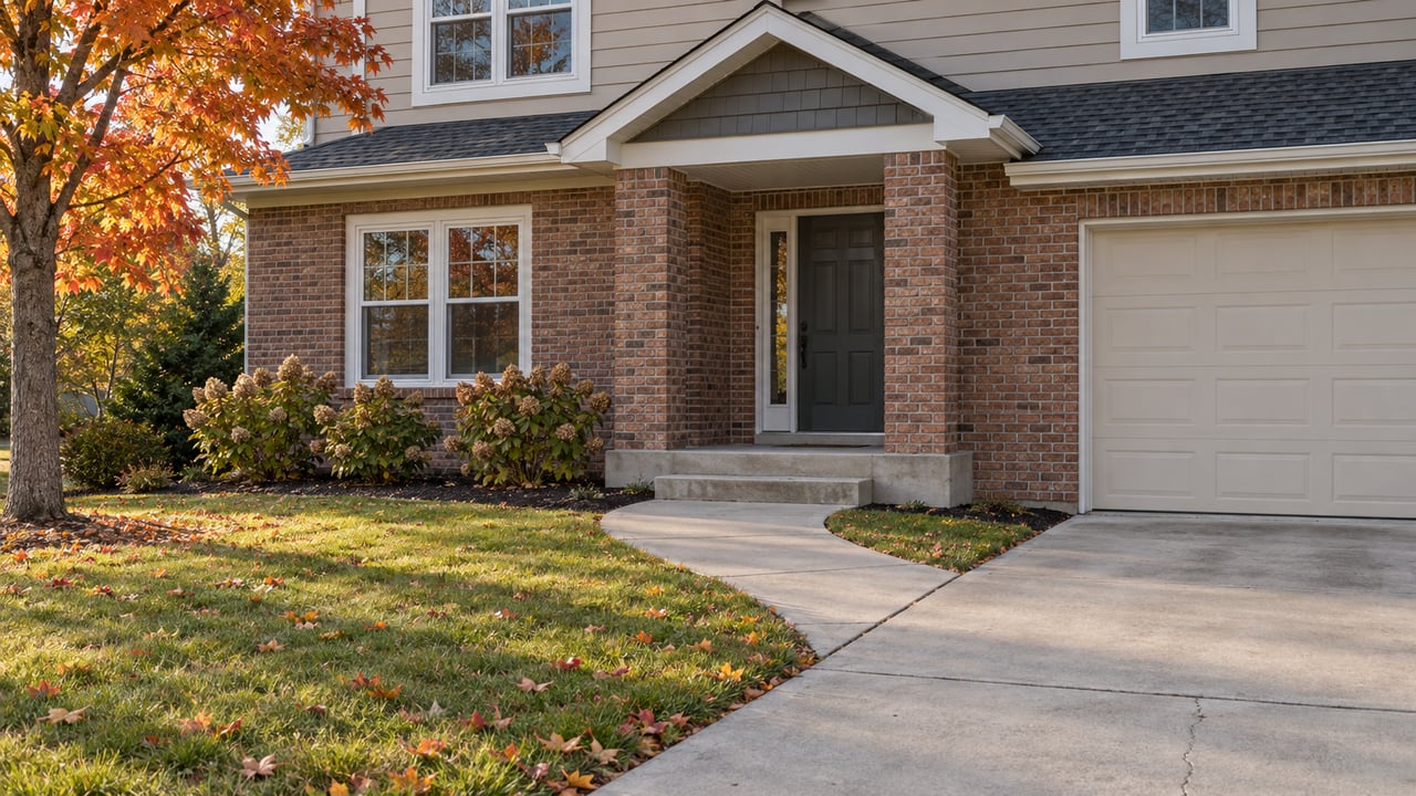 Tan-sided and red-brown brick home with a recessed entry, curved concrete walk, sloping autumn lawn and orange-red maple.