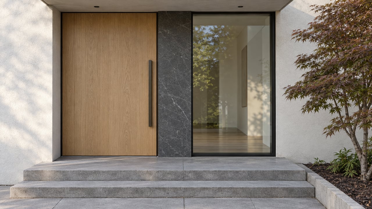 Contemporary home entry with a pale oak door, charcoal stone jamb, enclosed glass sidelight and concrete steps beside a Japanese maple.