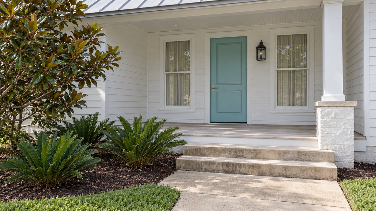 Aqua front door beneath a white covered porch, with pale wood decking, broad concrete steps and carefully spaced planting.