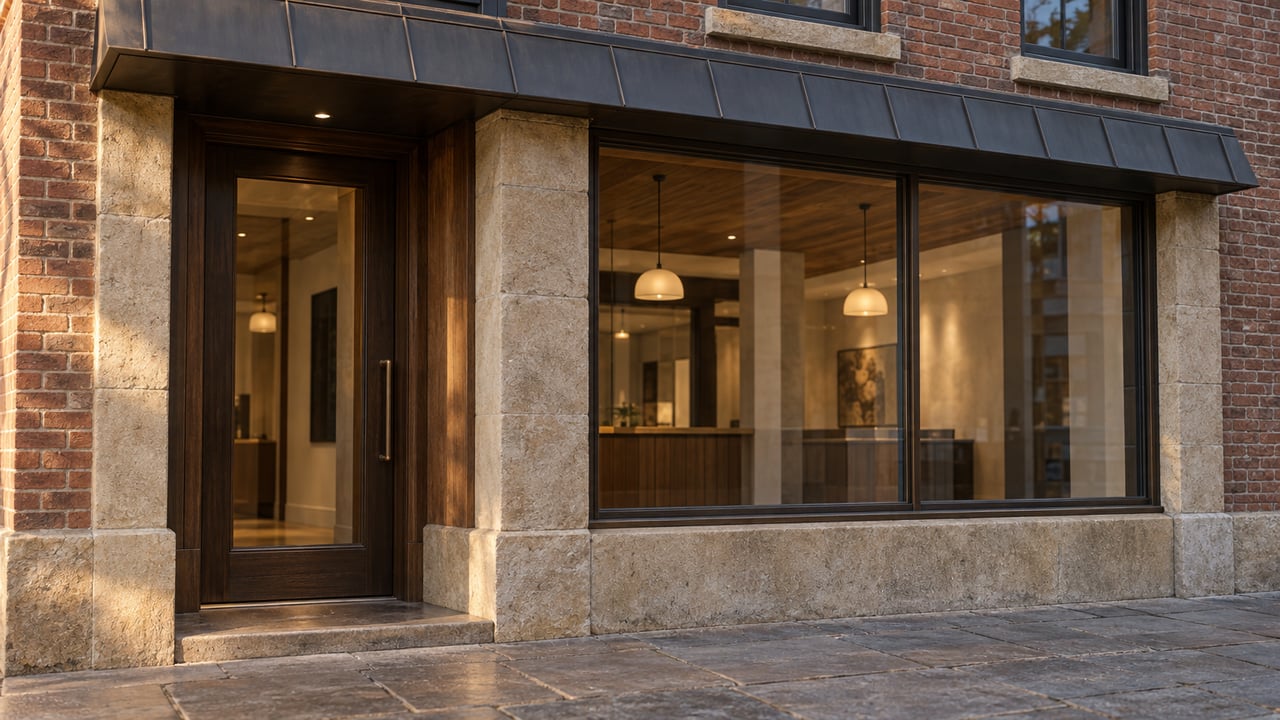 Dark-red brick storefront with recessed timber-and-glass entry, broad display window, and warm pendant lights inside.