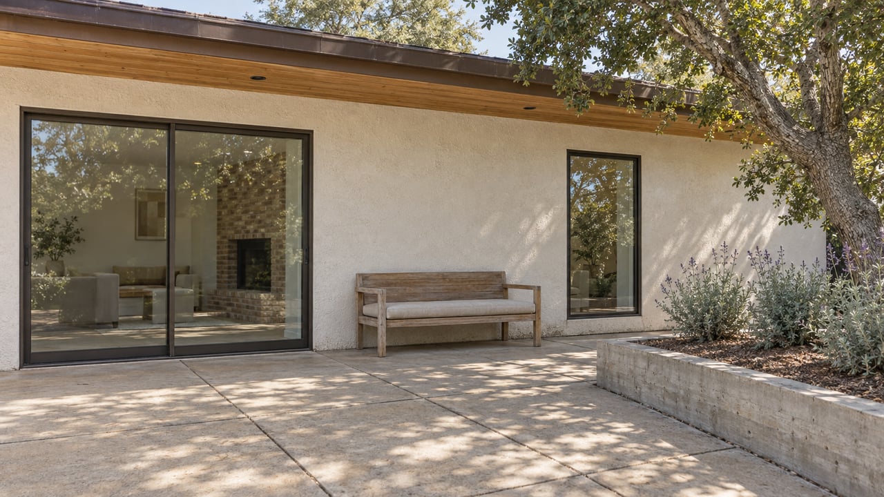 A shaded stucco home's terrace with bronze-framed glass doors, a teak bench, concrete paving and a mature oak beside a raised sage bed.