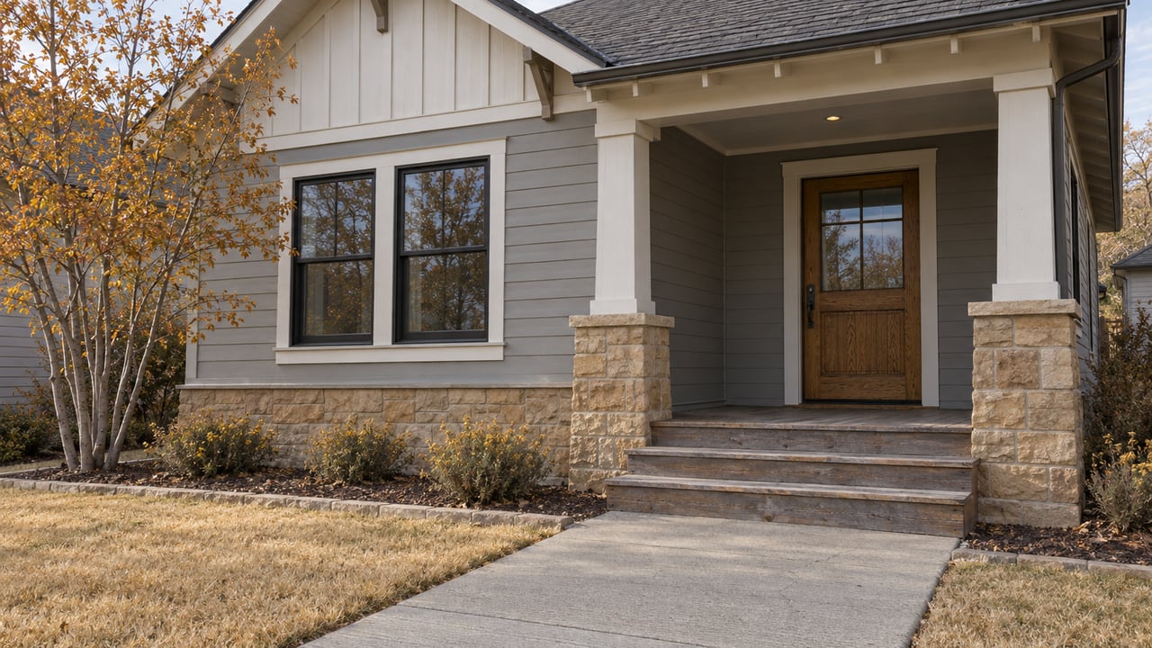 A gray gabled home with a raised timber porch, sandstone column bases and autumn planting beside a concrete front walk.