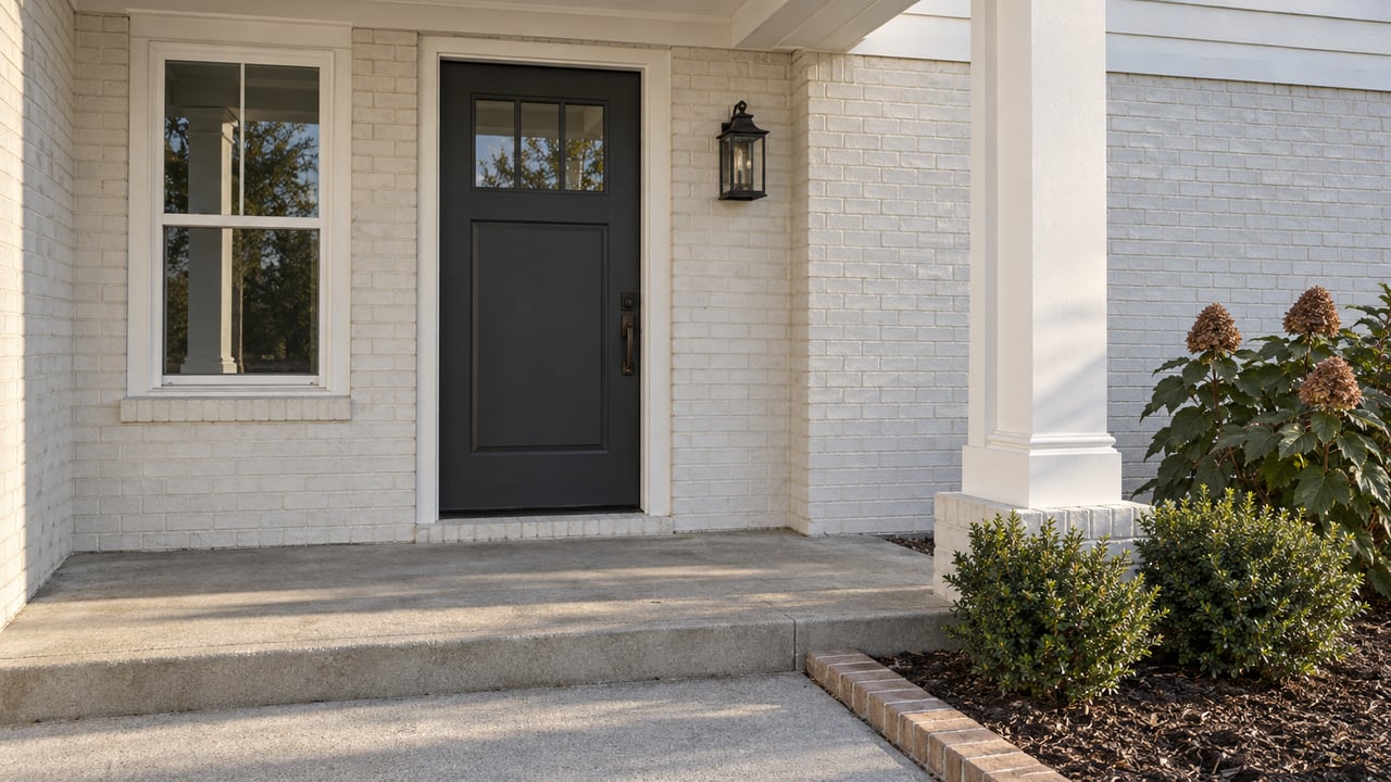 Warm-white brick home entry with a charcoal door, white porch column, concrete step and a brick-edged bed of inkberry and oakleaf hydrangea.