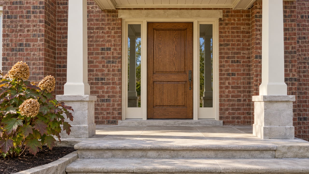 Brick home entrance with an oak door, paired cream columns, limestone steps, and autumn oakleaf hydrangea.
