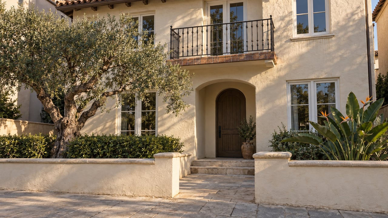 Cream stucco home with clay-tile eaves, an arched oak entry, a small iron balcony and olive-tree planting beside a limestone forecourt.