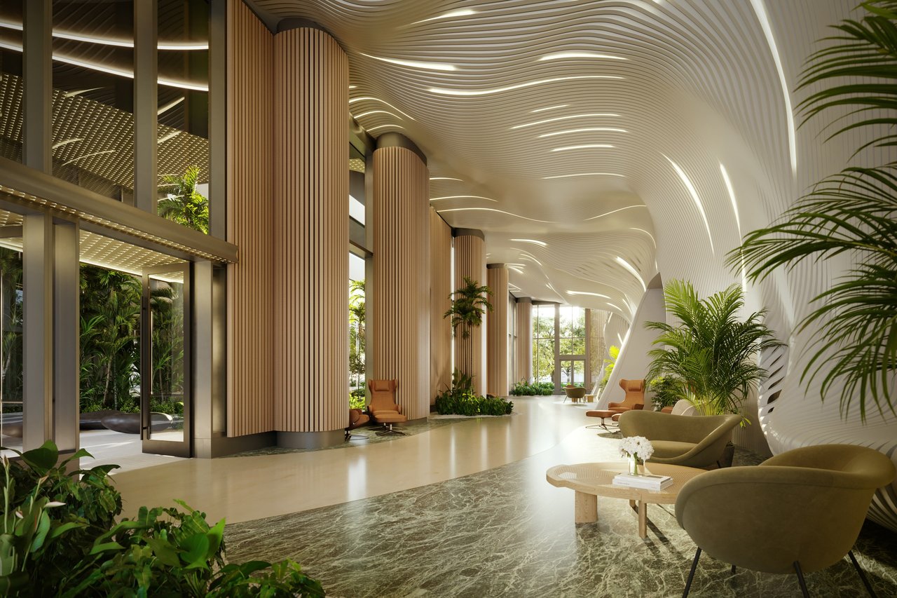 Rendering of reception lobby at Mercedes-Benz Places in Brickell, Miami.