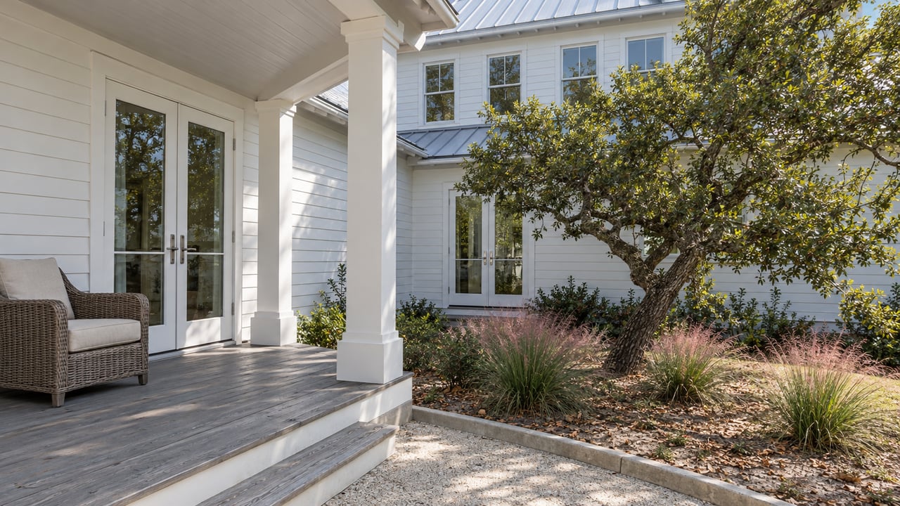 White-sided home with a shaded timber porch, paired glass doors and a sunlit side garden containing a sculptural oak and pink muhly grass.