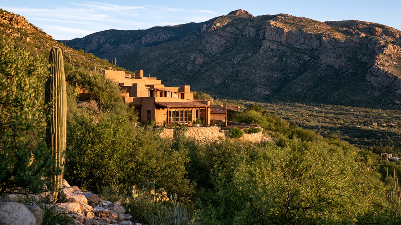 Southwestern hillside home framed by desert cacti and backed by rocky mountains.