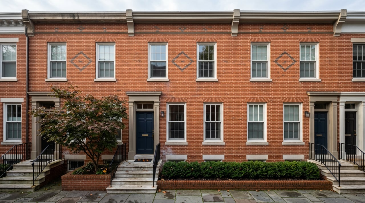 Attached brick townhouse with Flemish-bond facade, navy door, marble stoop, iron rail, and Japanese maple.