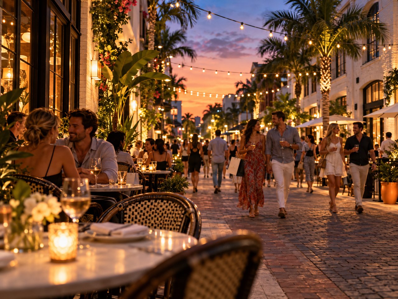 Outdoor dining along a brick-paved street of restored warehouse buildings in the Nora District, West Palm Beach, Florida