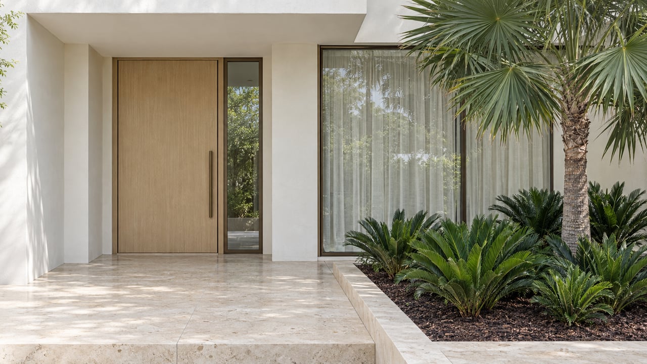 Contemporary white stucco home entrance with pale oak door, bronze-framed glazing, limestone paving and a sculptural fan palm.