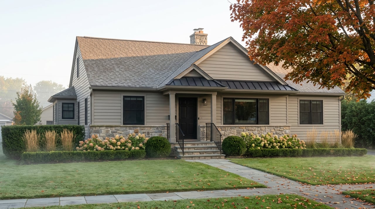 Gray fieldstone-and-siding house with a black entry, orange-red maple, and misty lawn in early fall.