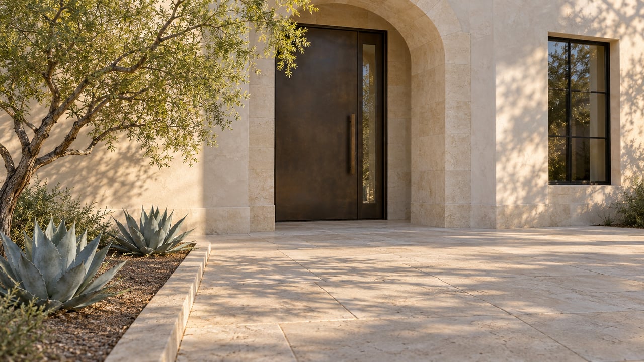 Arched stucco entry with a dark bronze door, limestone paving, and a small desert tree beside two agaves.