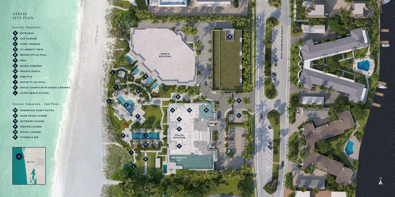 Rosewood Residences Naples aerial site plan with building locations, amenity legend, and beachfront access.