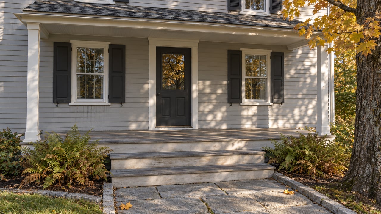 Gray clapboard house with black shutters, broad porch, stone steps, and autumn foliage.