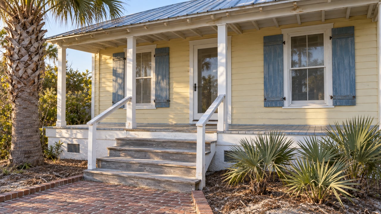 Raised pale-yellow cottage with blue shutters, a weathered white porch and brick garden approach beside palmettos.