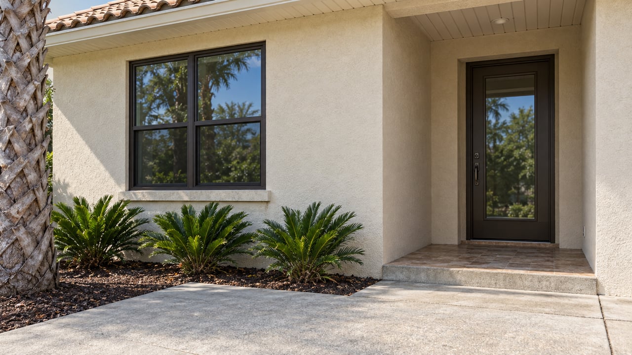 Recessed bronze-glazed entry and dark-framed window beneath a tiled eave, beside a concrete approach and small planting bed.
