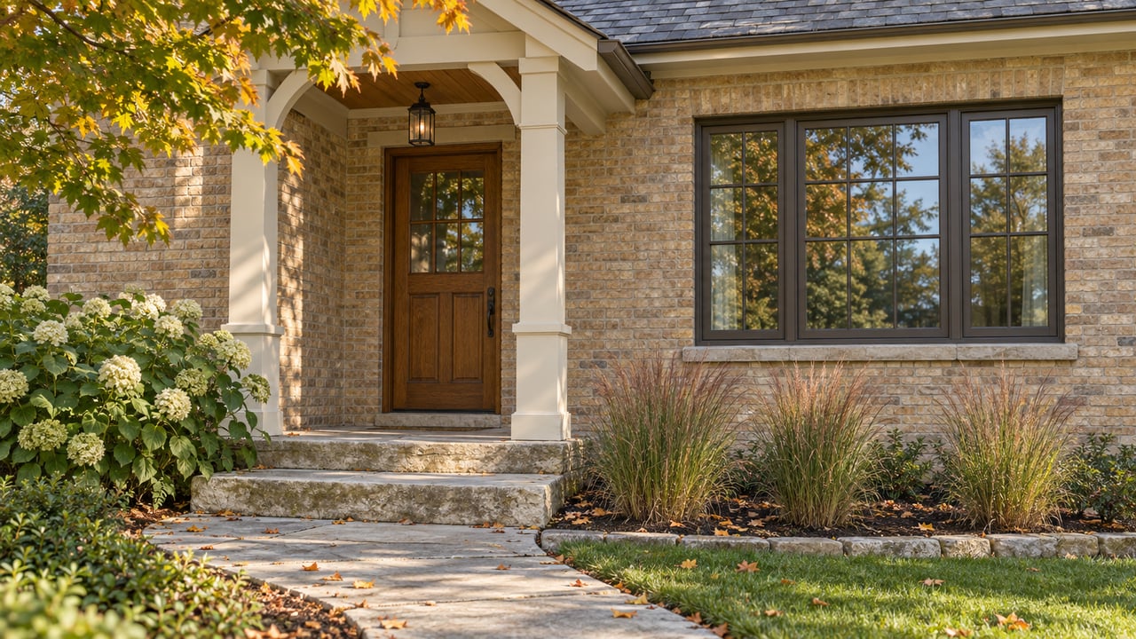 Buff-brick house entry with cream porch posts, limestone steps, maple leaves, hydrangea, and ornamental grasses.
