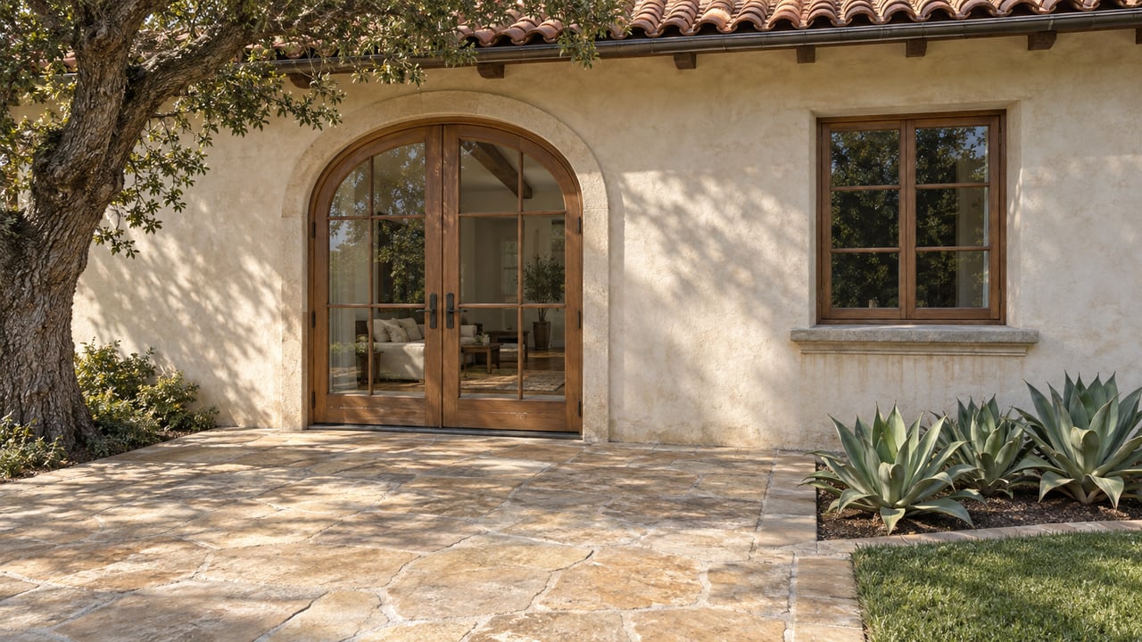 Sunlit stucco home with arched wood-and-glass doors opening onto a sandstone terrace beside sculptural agaves and a mature oak.