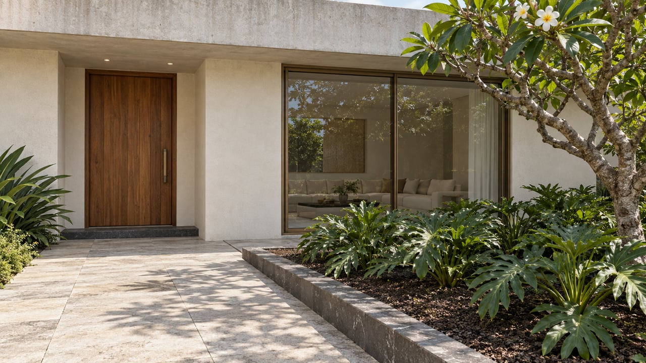 Ivory concrete home with a shaded teak entry, bronze-framed glass doors and a limestone garden approach beside a flowering frangipani tree.